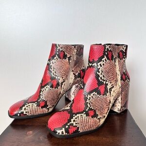 No 6 Red and Black Faux Snakeskin Ankle Boots Size 8M